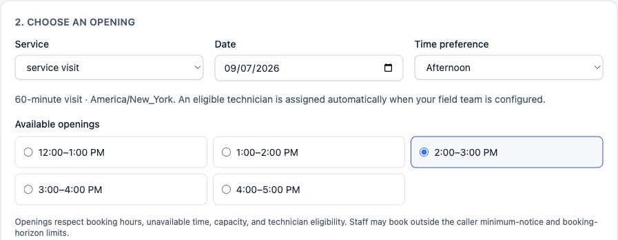 Rally’s Choose an opening screen: service, date, Afternoon preference, and available appointment times with 2:00–3:00 PM selected.